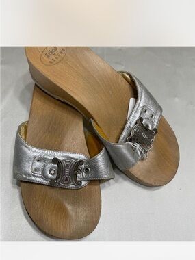 Celine Metallic Silver Leather Wood-Wedge Mule Sandals